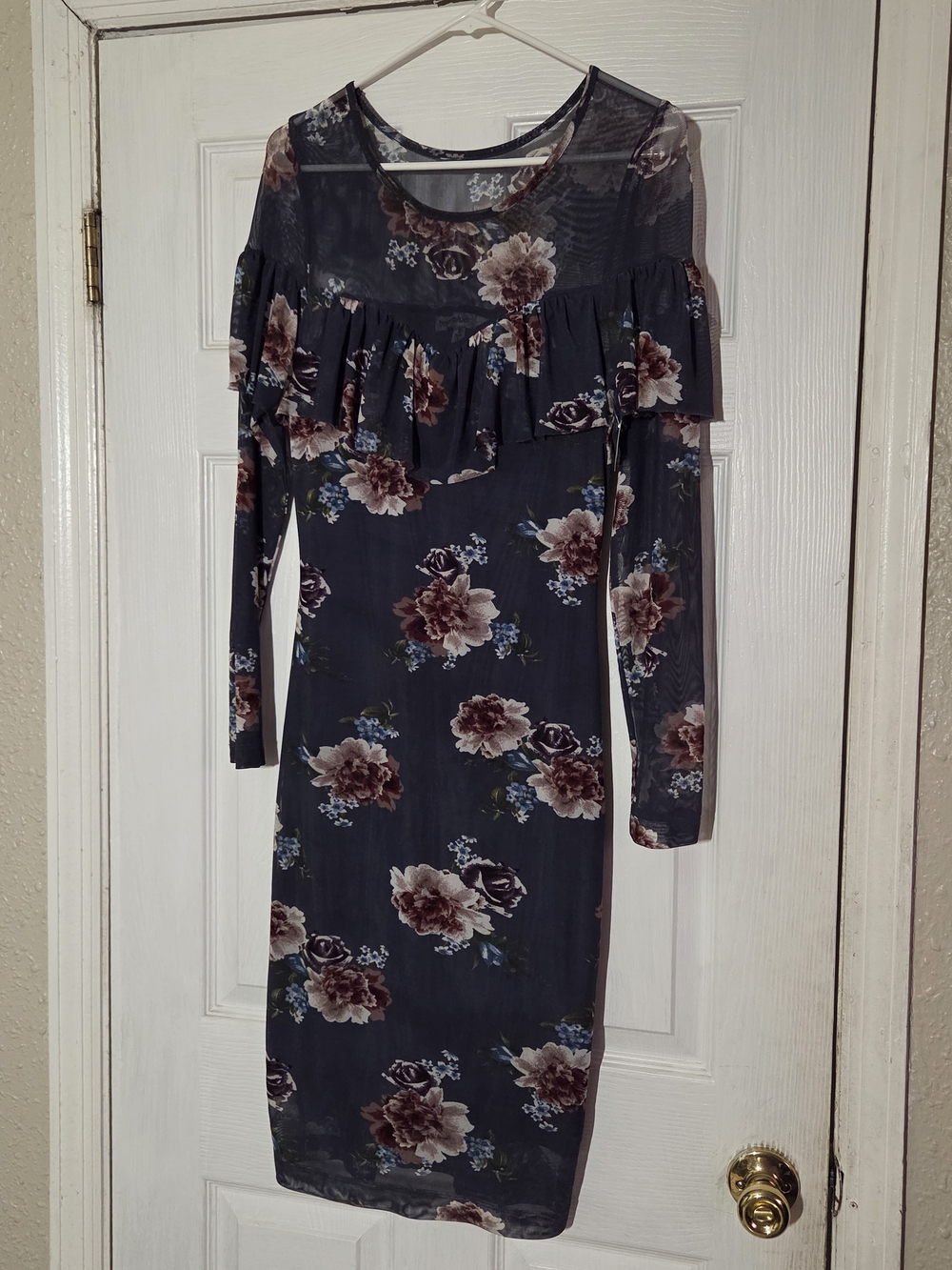 Floral Ruffle Sheath Dress - Dark Navy with Mauve Blooms